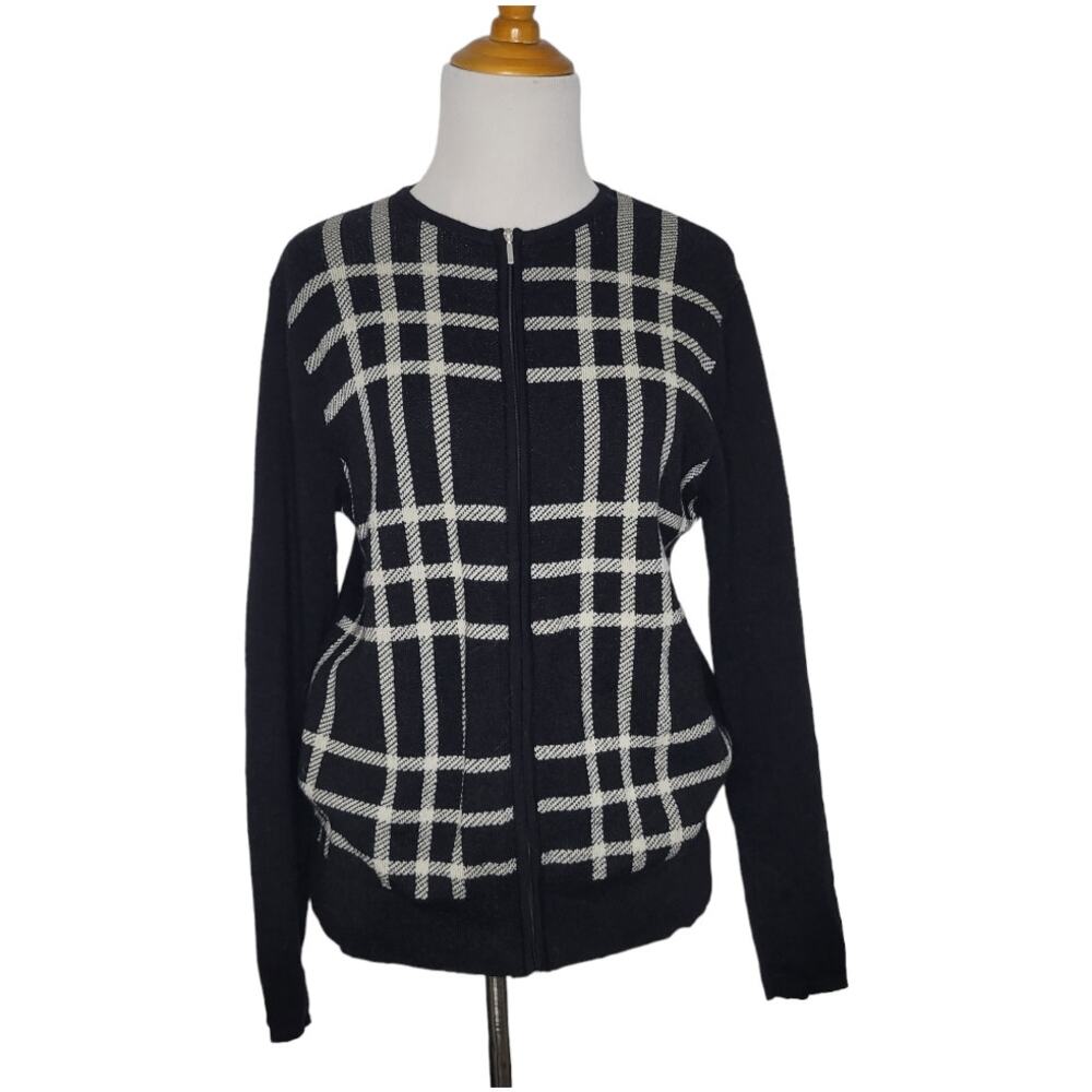 Pendleton Merino Wool Cardigan Sweater Zip Front Windowpane Black Women Small